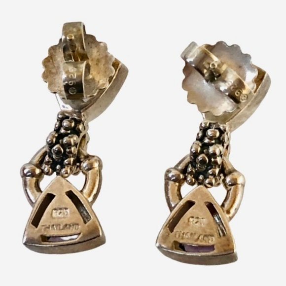 Sterling Silver & Amethyst Vintage Earrings Post Drop Dangle Triangle Shape - Picture 6 of 11